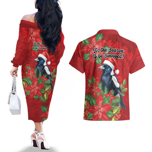 Australian Magpie Couples Matching Off The Shoulder Long Sleeve Dress and Hawaiian Shirt Aboriginal Inspired Christmas - Aussie Hoodie
