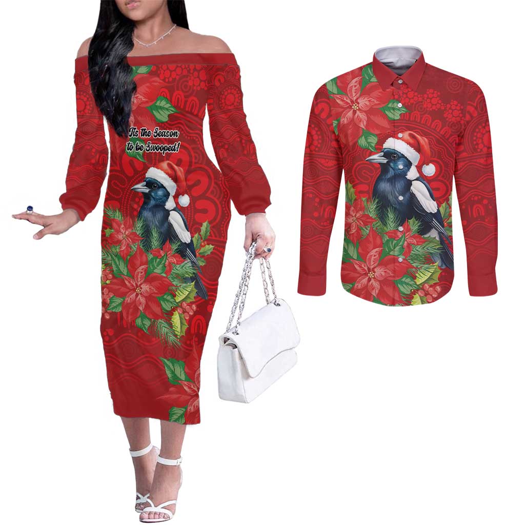 Australian Magpie Couples Matching Off The Shoulder Long Sleeve Dress and Long Sleeve Button Shirt Aboriginal Inspired Christmas - Aussie Hoodie