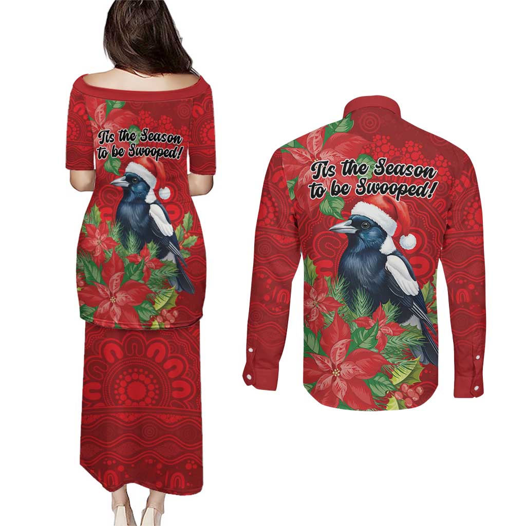 Australian Magpie Couples Matching Puletasi and Long Sleeve Button Shirt Aboriginal Inspired Christmas - Aussie Hoodie
