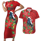 Australian Magpie Couples Matching Short Sleeve Bodycon Dress and Hawaiian Shirt Aboriginal Inspired Christmas - Aussie Hoodie