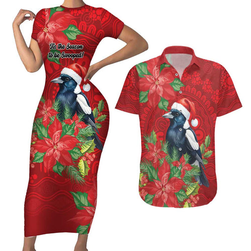 Australian Magpie Couples Matching Short Sleeve Bodycon Dress and Hawaiian Shirt Aboriginal Inspired Christmas - Aussie Hoodie