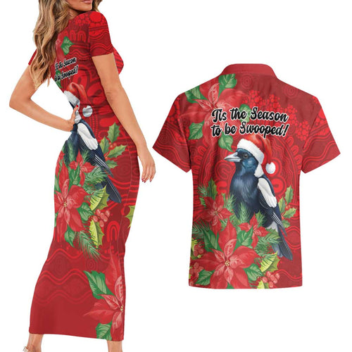 Australian Magpie Couples Matching Short Sleeve Bodycon Dress and Hawaiian Shirt Aboriginal Inspired Christmas - Aussie Hoodie