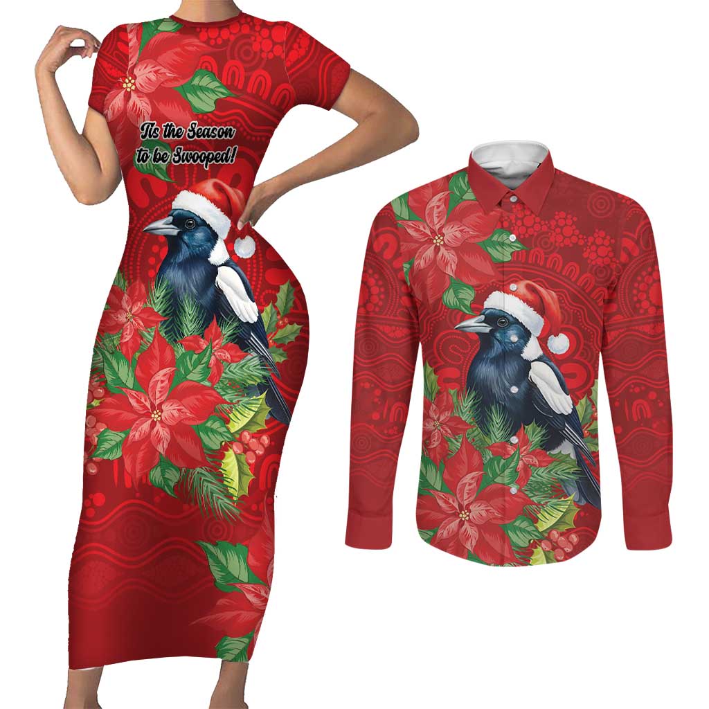 Australian Magpie Couples Matching Short Sleeve Bodycon Dress and Long Sleeve Button Shirt Aboriginal Inspired Christmas - Aussie Hoodie