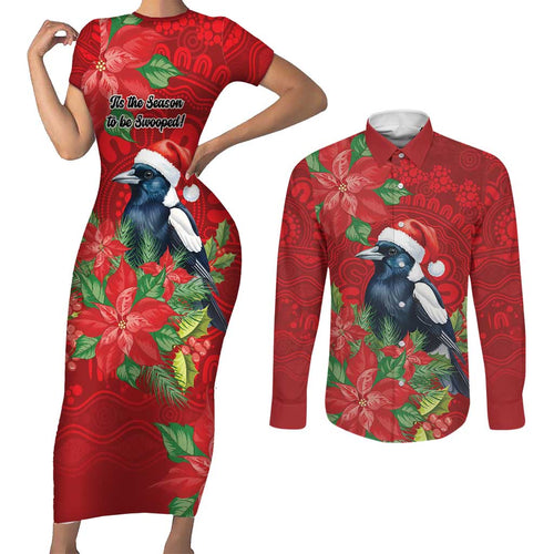 Australian Magpie Couples Matching Short Sleeve Bodycon Dress and Long Sleeve Button Shirt Aboriginal Inspired Christmas - Aussie Hoodie