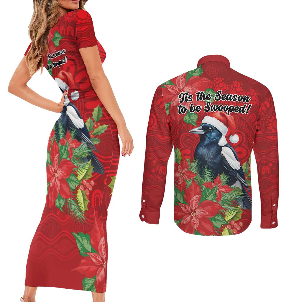 Australian Magpie Couples Matching Short Sleeve Bodycon Dress and Long Sleeve Button Shirt Aboriginal Inspired Christmas - Aussie Hoodie