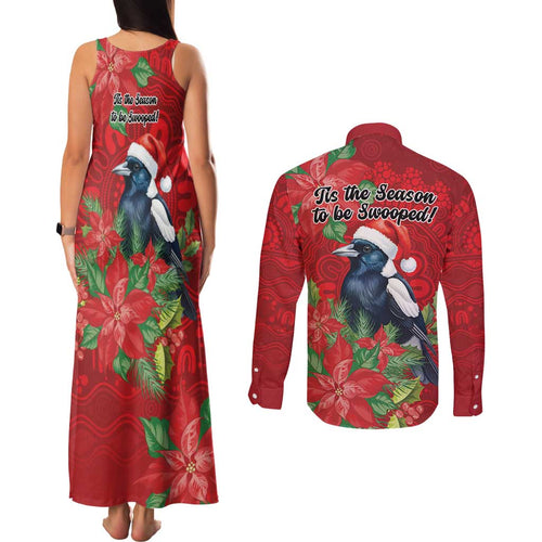 Australian Magpie Couples Matching Tank Maxi Dress and Long Sleeve Button Shirt Aboriginal Inspired Christmas - Aussie Hoodie