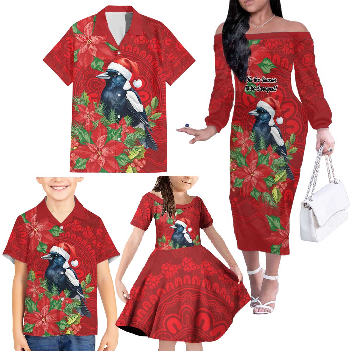 Australian Magpie Family Matching Off The Shoulder Long Sleeve Dress and Hawaiian Shirt Aboriginal Inspired Christmas - Aussie Hoodie