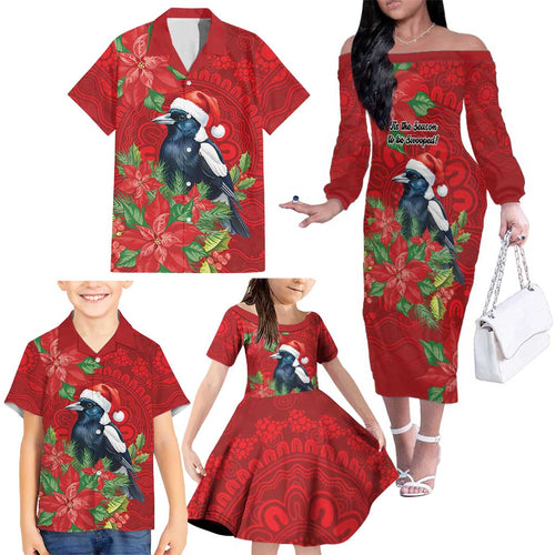 Australian Magpie Family Matching Off The Shoulder Long Sleeve Dress and Hawaiian Shirt Aboriginal Inspired Christmas - Aussie Hoodie