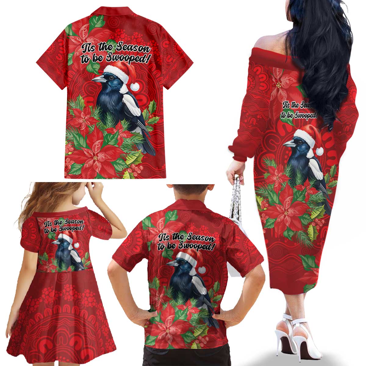 Australian Magpie Family Matching Off The Shoulder Long Sleeve Dress and Hawaiian Shirt Aboriginal Inspired Christmas - Aussie Hoodie