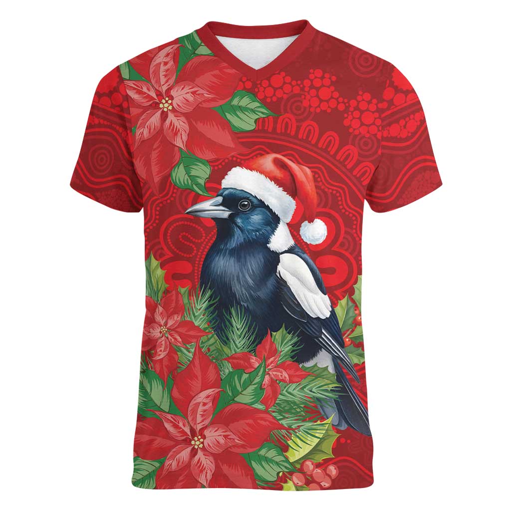 Australian Magpie Women V-Neck T-Shirt Aboriginal Inspired Christmas - Aussie Hoodie