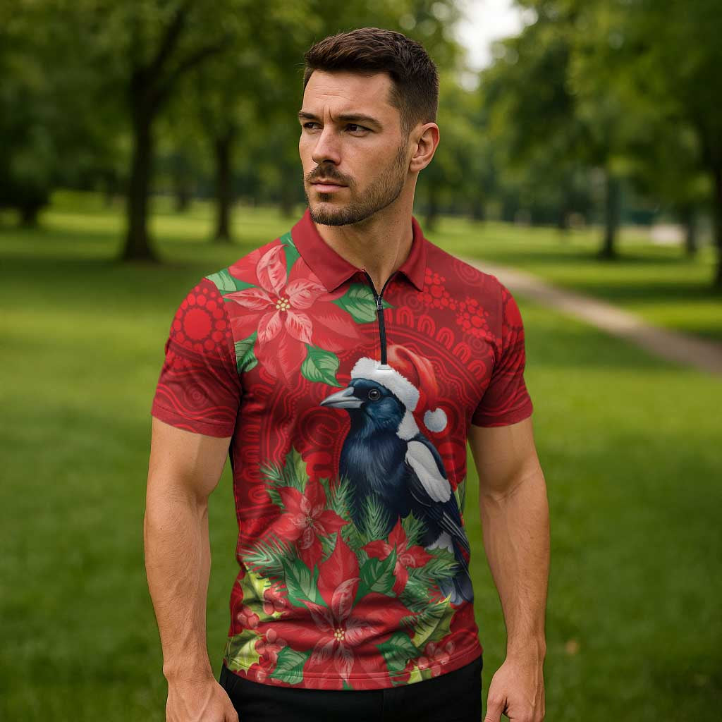 Australian Magpie Zipper Polo Shirt Aboriginal Inspired Christmas - Aussie Hoodie