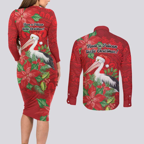 Australian Pelican Couples Matching Long Sleeve Bodycon Dress and Long Sleeve Button Shirt Aboriginal Inspired Christmas - Aussie Hoodie