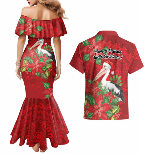 Australian Pelican Couples Matching Mermaid Dress and Hawaiian Shirt Aboriginal Inspired Christmas - Aussie Hoodie