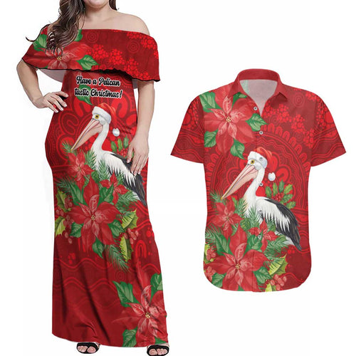 Australian Pelican Couples Matching Off Shoulder Maxi Dress and Hawaiian Shirt Aboriginal Inspired Christmas - Aussie Hoodie
