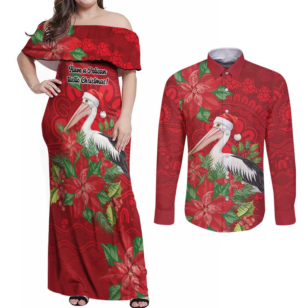 Australian Pelican Couples Matching Off Shoulder Maxi Dress and Long Sleeve Button Shirt Aboriginal Inspired Christmas - Aussie Hoodie