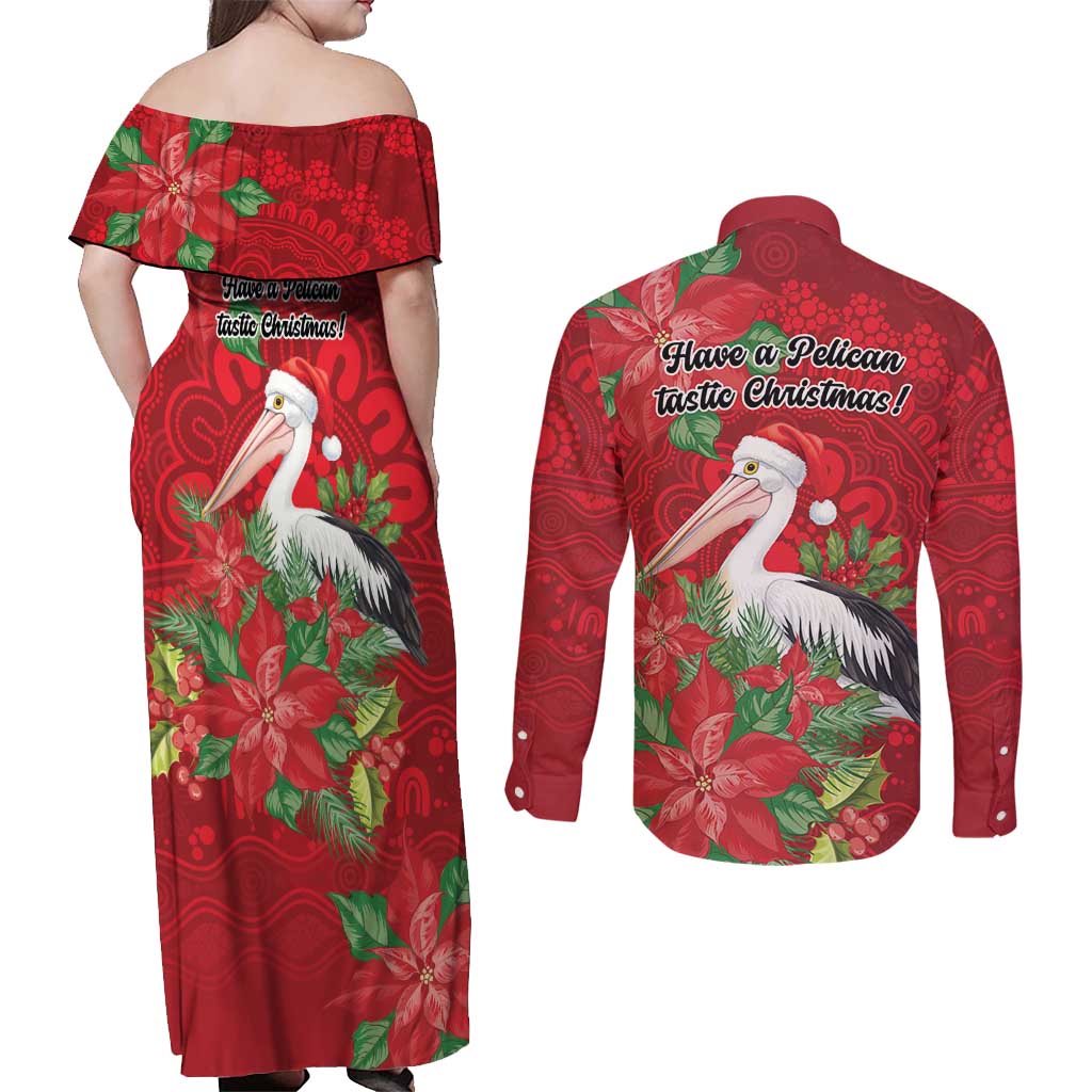 Australian Pelican Couples Matching Off Shoulder Maxi Dress and Long Sleeve Button Shirt Aboriginal Inspired Christmas - Aussie Hoodie