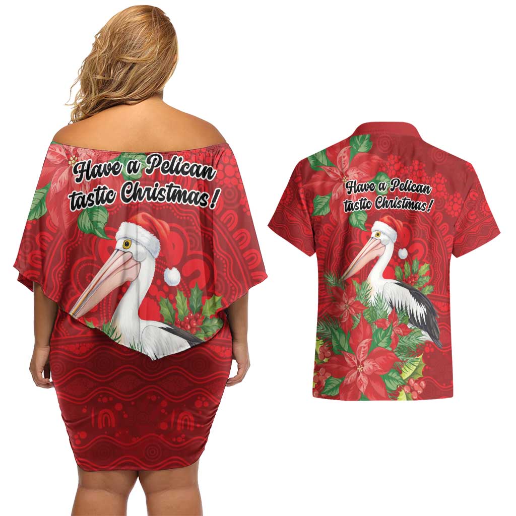 Australian Pelican Couples Matching Off Shoulder Short Dress and Hawaiian Shirt Aboriginal Inspired Christmas - Aussie Hoodie