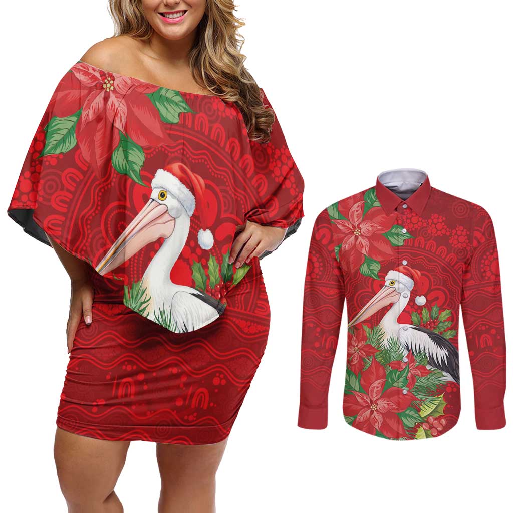 Australian Pelican Couples Matching Off Shoulder Short Dress and Long Sleeve Button Shirt Aboriginal Inspired Christmas - Aussie Hoodie