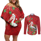 Australian Pelican Couples Matching Off Shoulder Short Dress and Long Sleeve Button Shirt Aboriginal Inspired Christmas - Aussie Hoodie