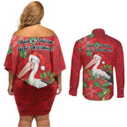 Australian Pelican Couples Matching Off Shoulder Short Dress and Long Sleeve Button Shirt Aboriginal Inspired Christmas - Aussie Hoodie