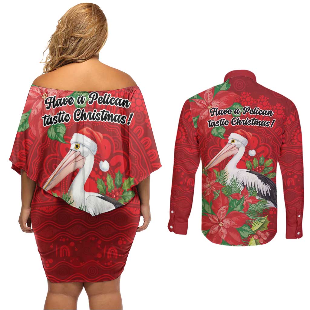Australian Pelican Couples Matching Off Shoulder Short Dress and Long Sleeve Button Shirt Aboriginal Inspired Christmas - Aussie Hoodie