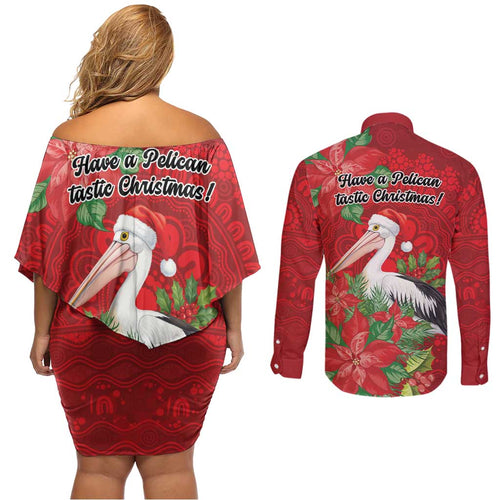 Australian Pelican Couples Matching Off Shoulder Short Dress and Long Sleeve Button Shirt Aboriginal Inspired Christmas - Aussie Hoodie