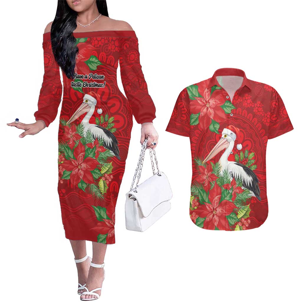 Australian Pelican Couples Matching Off The Shoulder Long Sleeve Dress and Hawaiian Shirt Aboriginal Inspired Christmas - Aussie Hoodie