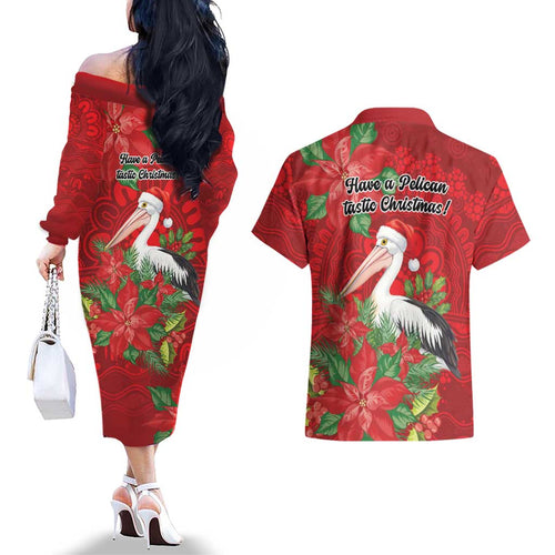 Australian Pelican Couples Matching Off The Shoulder Long Sleeve Dress and Hawaiian Shirt Aboriginal Inspired Christmas - Aussie Hoodie