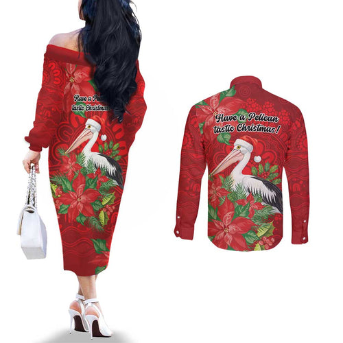 Australian Pelican Couples Matching Off The Shoulder Long Sleeve Dress and Long Sleeve Button Shirt Aboriginal Inspired Christmas - Aussie Hoodie