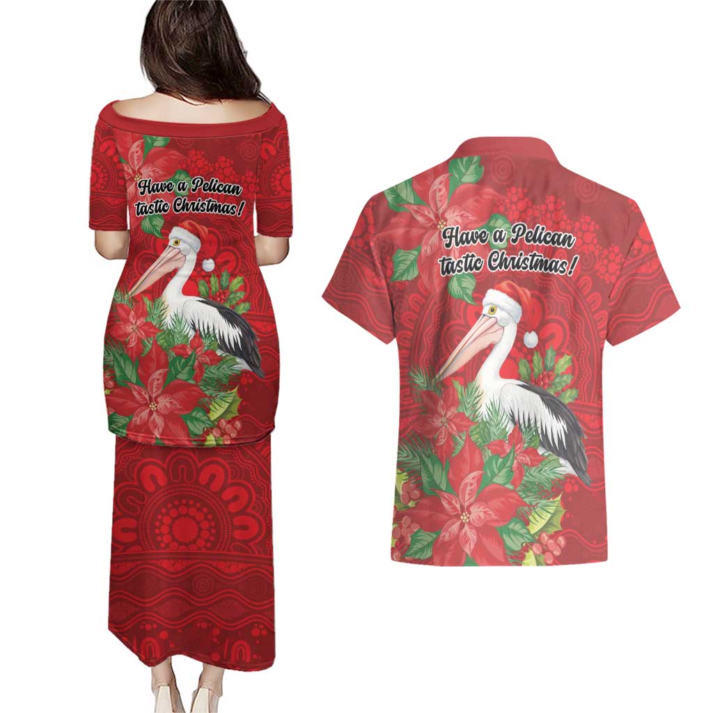 Australian Pelican Couples Matching Puletasi and Hawaiian Shirt Aboriginal Inspired Christmas - Aussie Hoodie