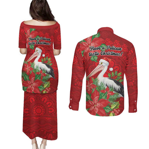 Australian Pelican Couples Matching Puletasi and Long Sleeve Button Shirt Aboriginal Inspired Christmas - Aussie Hoodie