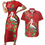 Australian Pelican Couples Matching Short Sleeve Bodycon Dress and Hawaiian Shirt Aboriginal Inspired Christmas - Aussie Hoodie
