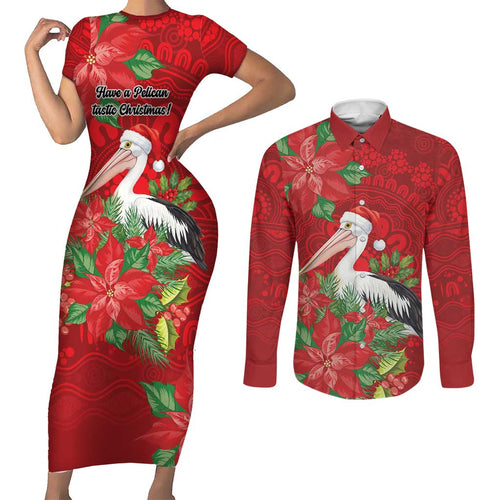 Australian Pelican Couples Matching Short Sleeve Bodycon Dress and Long Sleeve Button Shirt Aboriginal Inspired Christmas - Aussie Hoodie