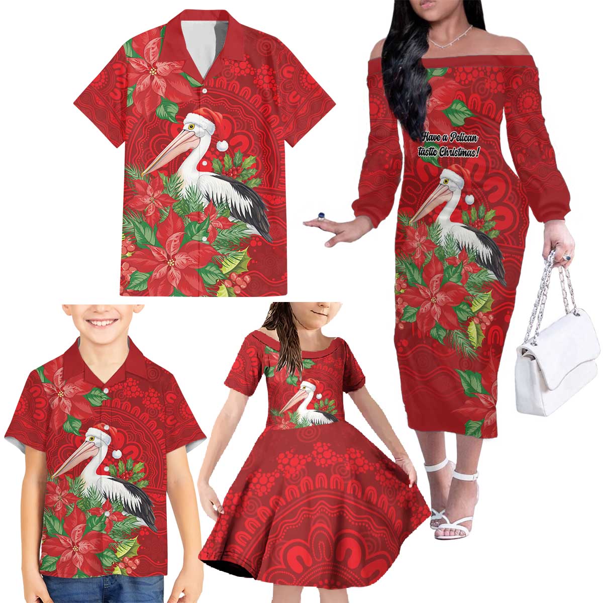 Australian Pelican Family Matching Off The Shoulder Long Sleeve Dress and Hawaiian Shirt Aboriginal Inspired Christmas - Aussie Hoodie
