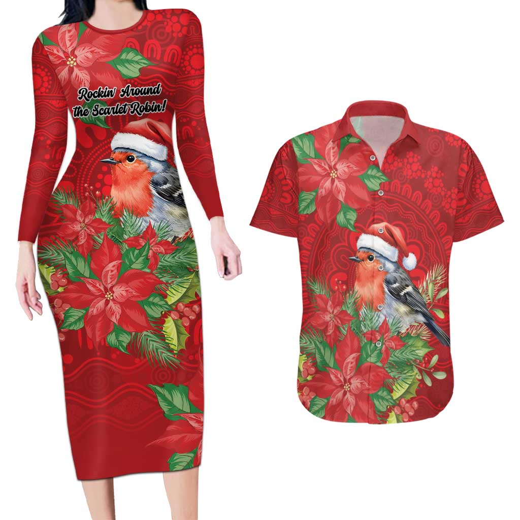 Australian Scarlet Robin Couples Matching Long Sleeve Bodycon Dress and Hawaiian Shirt Aboriginal Inspired Christmas - Aussie Hoodie