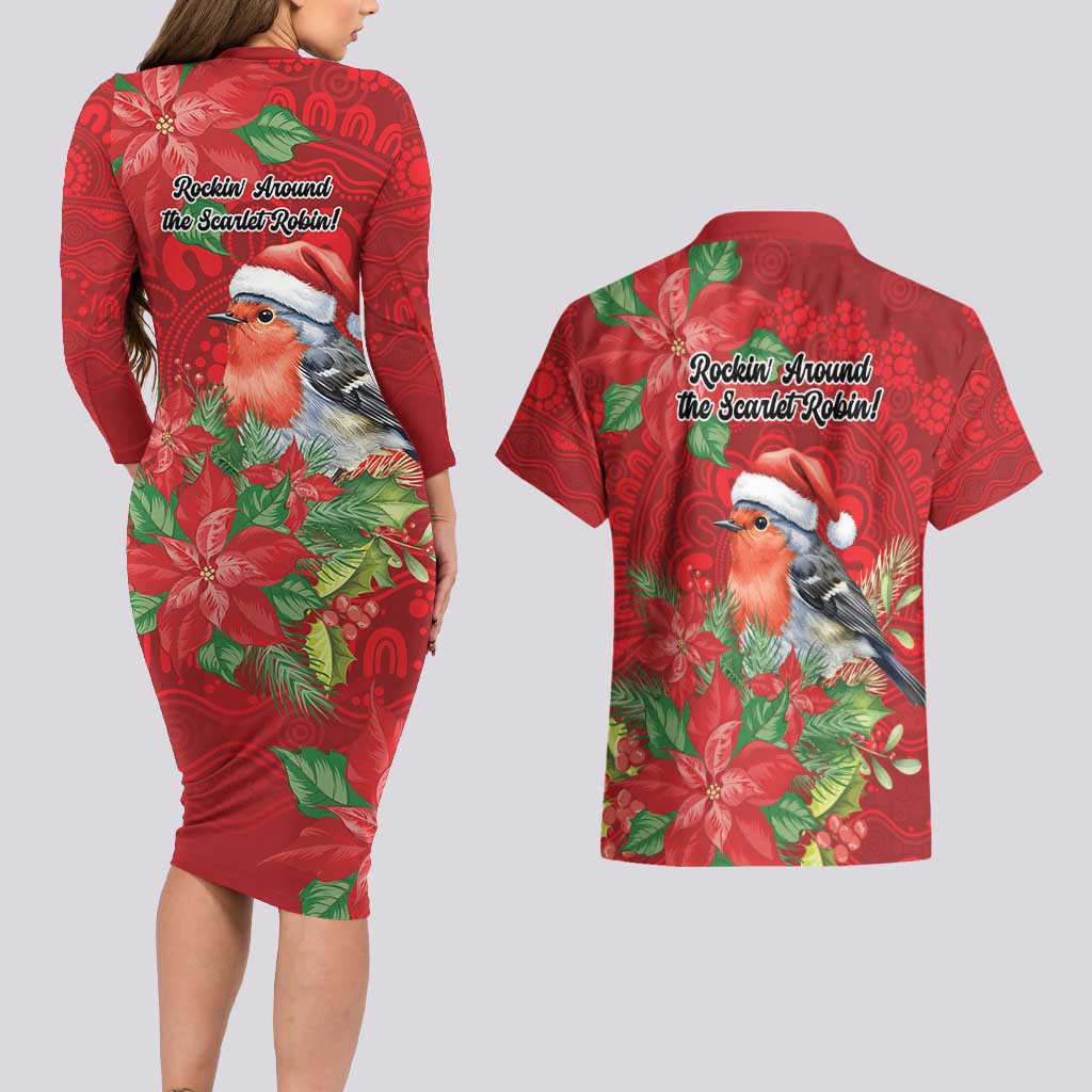 Australian Scarlet Robin Couples Matching Long Sleeve Bodycon Dress and Hawaiian Shirt Aboriginal Inspired Christmas - Aussie Hoodie