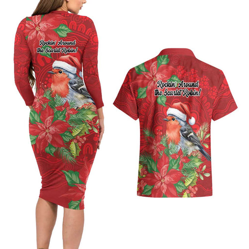 Australian Scarlet Robin Couples Matching Long Sleeve Bodycon Dress and Hawaiian Shirt Aboriginal Inspired Christmas - Aussie Hoodie