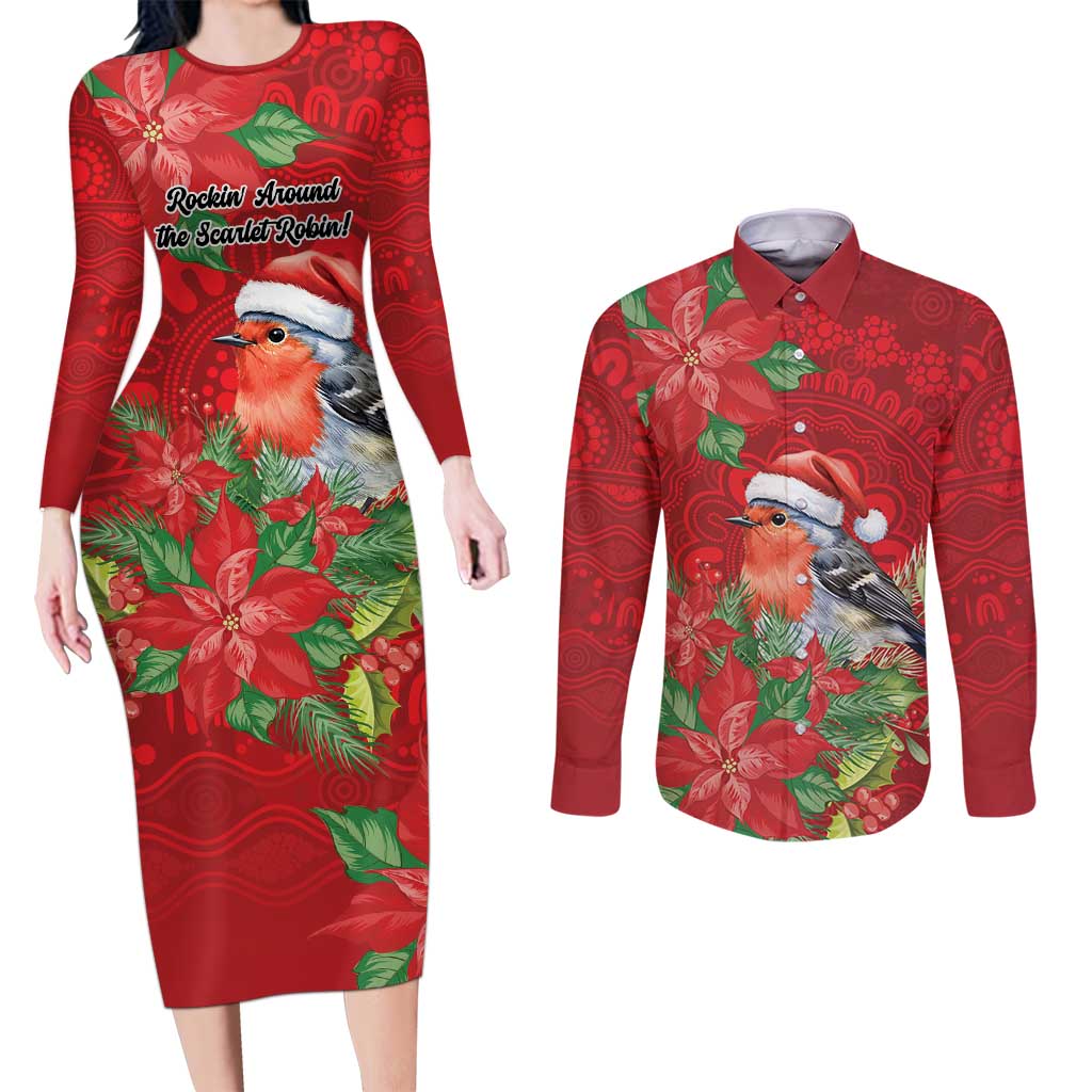 Australian Scarlet Robin Couples Matching Long Sleeve Bodycon Dress and Long Sleeve Button Shirt Aboriginal Inspired Christmas - Aussie Hoodie