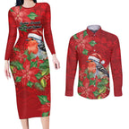 Australian Scarlet Robin Couples Matching Long Sleeve Bodycon Dress and Long Sleeve Button Shirt Aboriginal Inspired Christmas - Aussie Hoodie