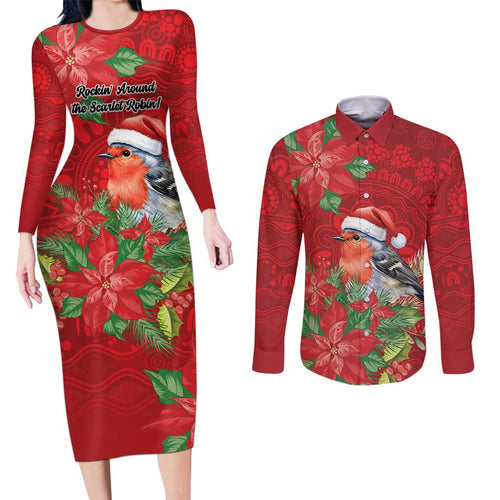 Australian Scarlet Robin Couples Matching Long Sleeve Bodycon Dress and Long Sleeve Button Shirt Aboriginal Inspired Christmas - Aussie Hoodie