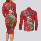 Australian Scarlet Robin Couples Matching Long Sleeve Bodycon Dress and Long Sleeve Button Shirt Aboriginal Inspired Christmas - Aussie Hoodie