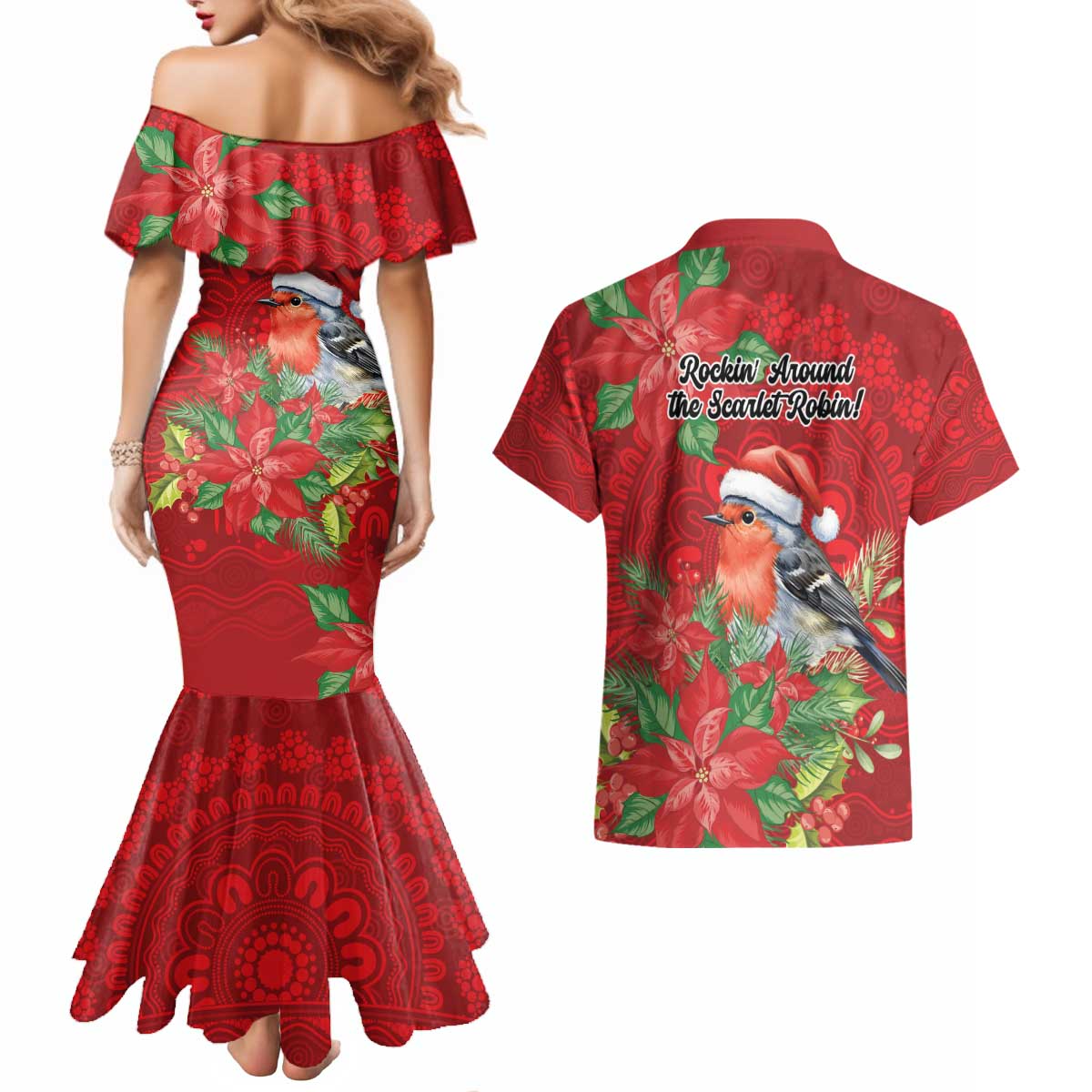 Australian Scarlet Robin Couples Matching Mermaid Dress and Hawaiian Shirt Aboriginal Inspired Christmas - Aussie Hoodie
