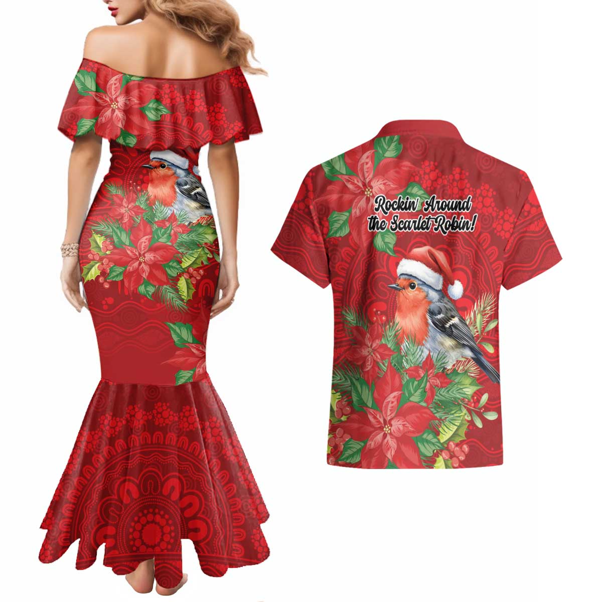 Australian Scarlet Robin Couples Matching Mermaid Dress and Hawaiian Shirt Aboriginal Inspired Christmas - Aussie Hoodie