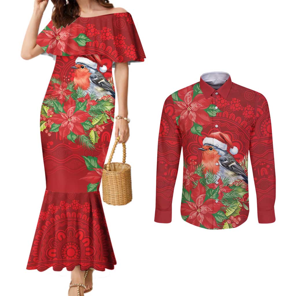 Australian Scarlet Robin Couples Matching Mermaid Dress and Long Sleeve Button Shirt Aboriginal Inspired Christmas - Aussie Hoodie