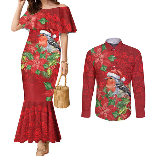 Australian Scarlet Robin Couples Matching Mermaid Dress and Long Sleeve Button Shirt Aboriginal Inspired Christmas - Aussie Hoodie