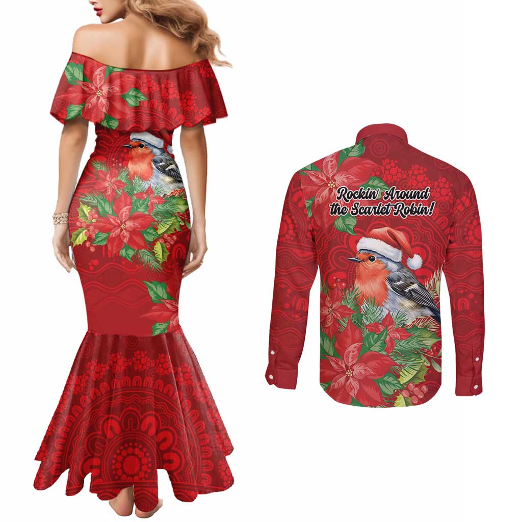 Australian Scarlet Robin Couples Matching Mermaid Dress and Long Sleeve Button Shirt Aboriginal Inspired Christmas - Aussie Hoodie