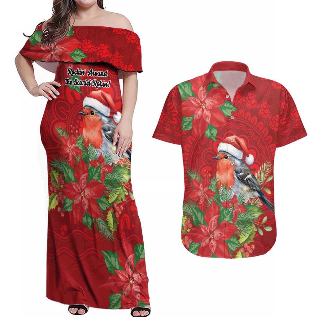 Australian Scarlet Robin Couples Matching Off Shoulder Maxi Dress and Hawaiian Shirt Aboriginal Inspired Christmas - Aussie Hoodie