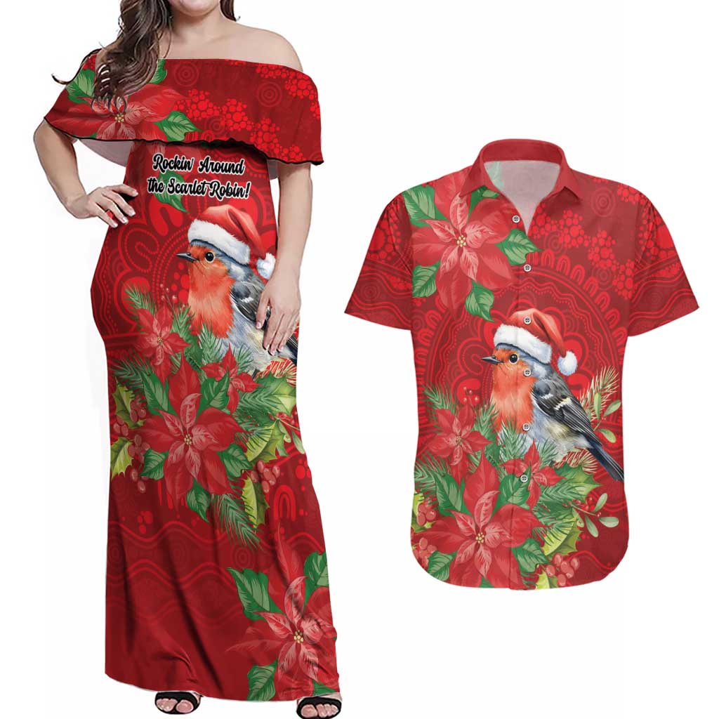 Australian Scarlet Robin Couples Matching Off Shoulder Maxi Dress and Hawaiian Shirt Aboriginal Inspired Christmas - Aussie Hoodie