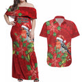 Australian Scarlet Robin Couples Matching Off Shoulder Maxi Dress and Hawaiian Shirt Aboriginal Inspired Christmas - Aussie Hoodie