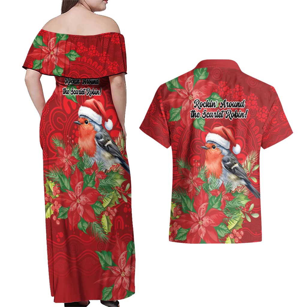 Australian Scarlet Robin Couples Matching Off Shoulder Maxi Dress and Hawaiian Shirt Aboriginal Inspired Christmas - Aussie Hoodie